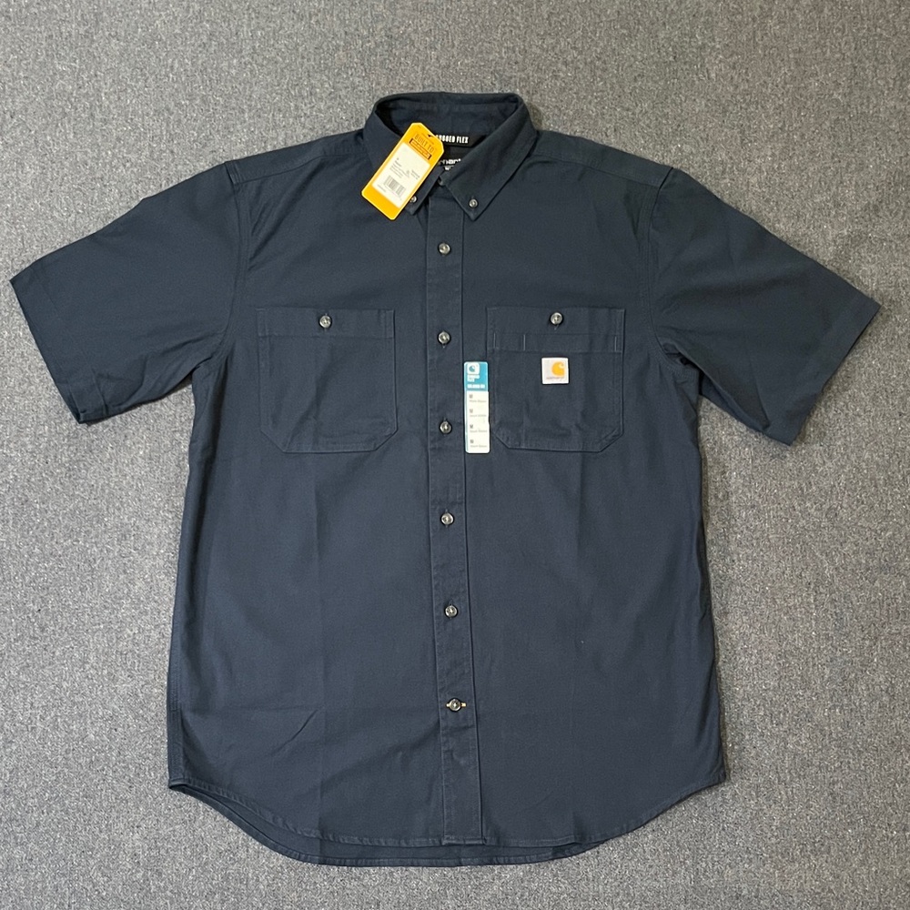 Carhartt Rugged Flex Relaxed Fit Canvas Short-Sleeve Work Shirt Navy M
